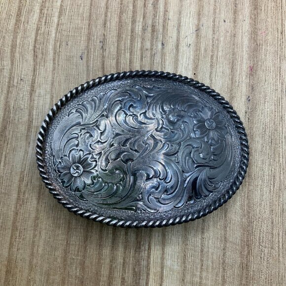 Vintage Distressed Silver Tone Floral Belt Buckle - Picture 1 of 6
